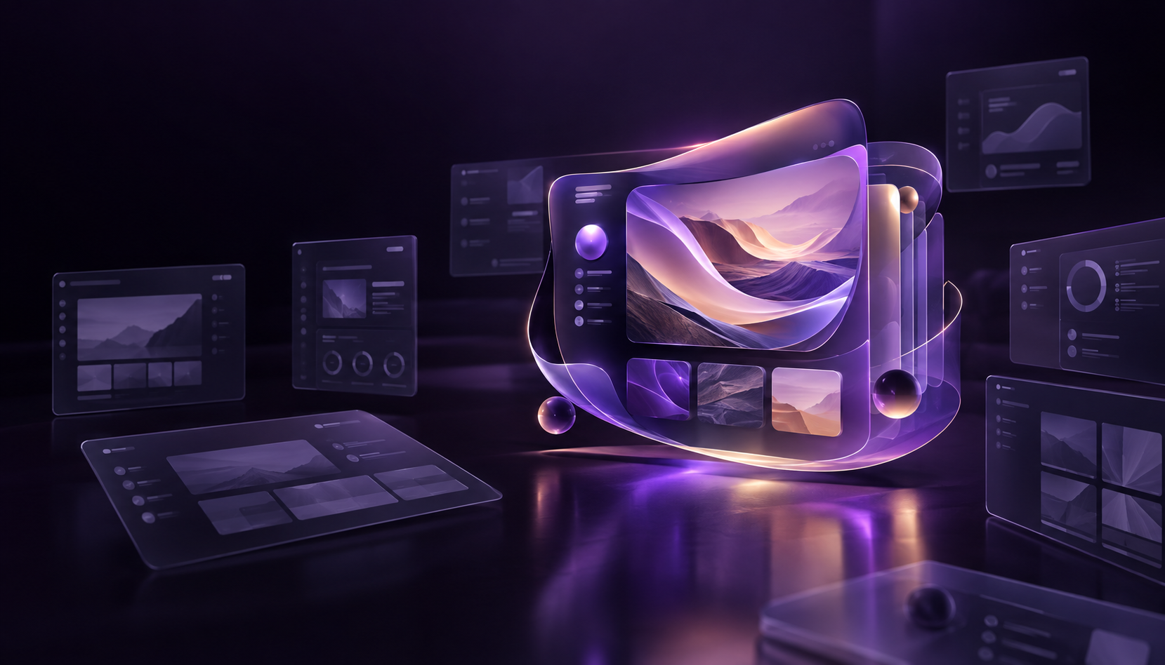 A distinctive central digital experience surrounded by supporting interfaces