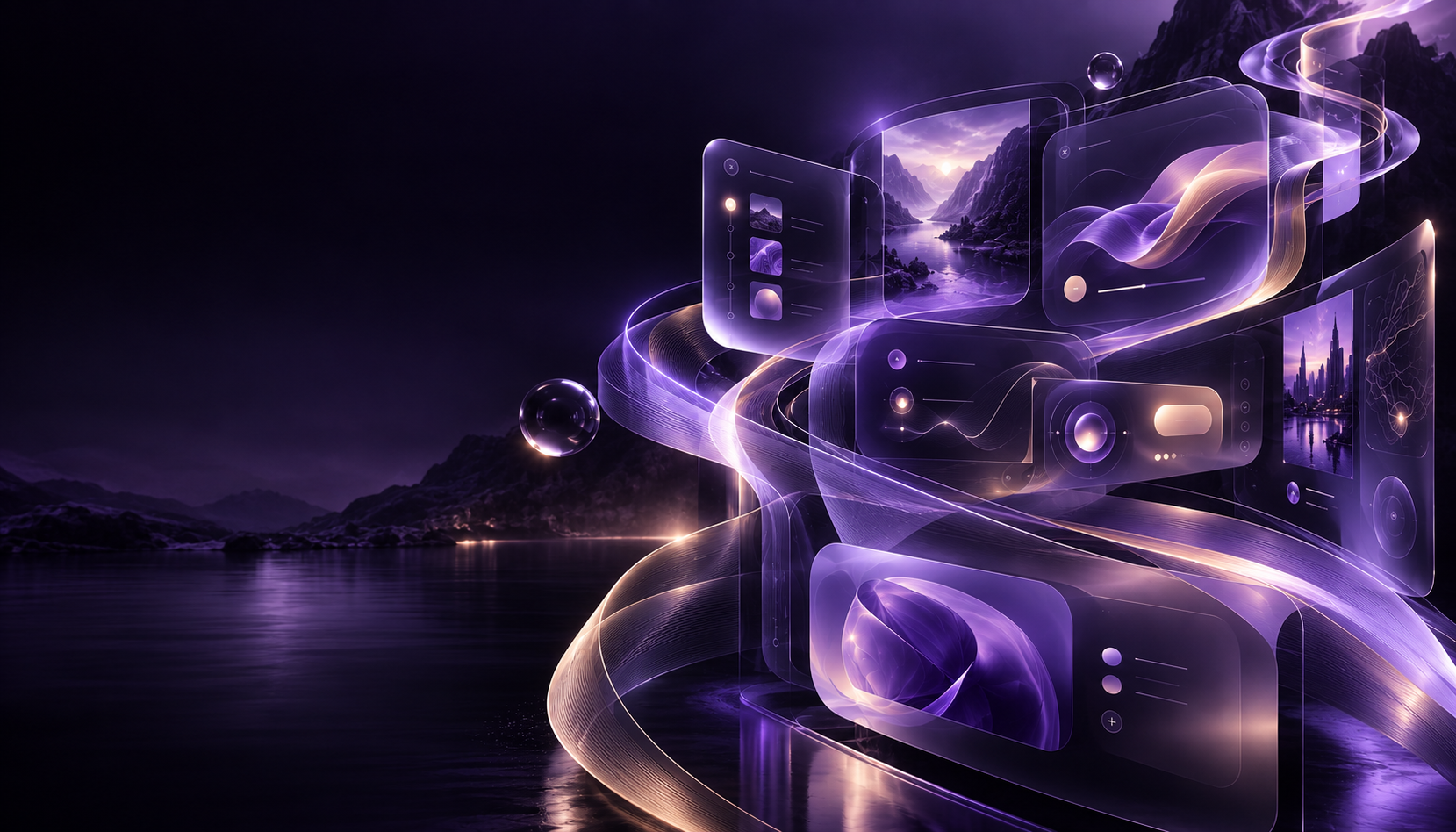 Connected translucent interfaces wrapped in flowing light