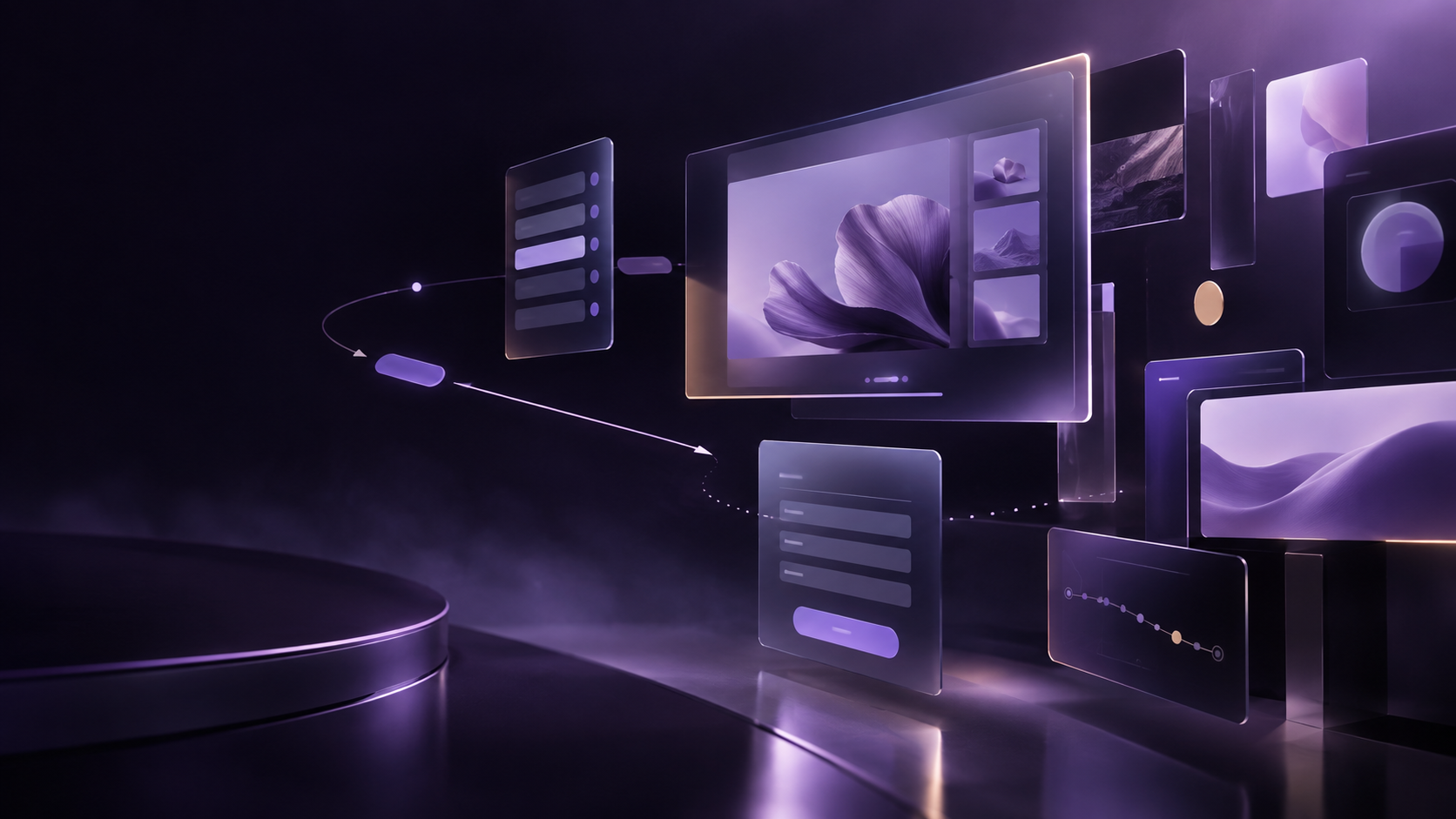 Separated interface elements suspended in a dark digital environment
